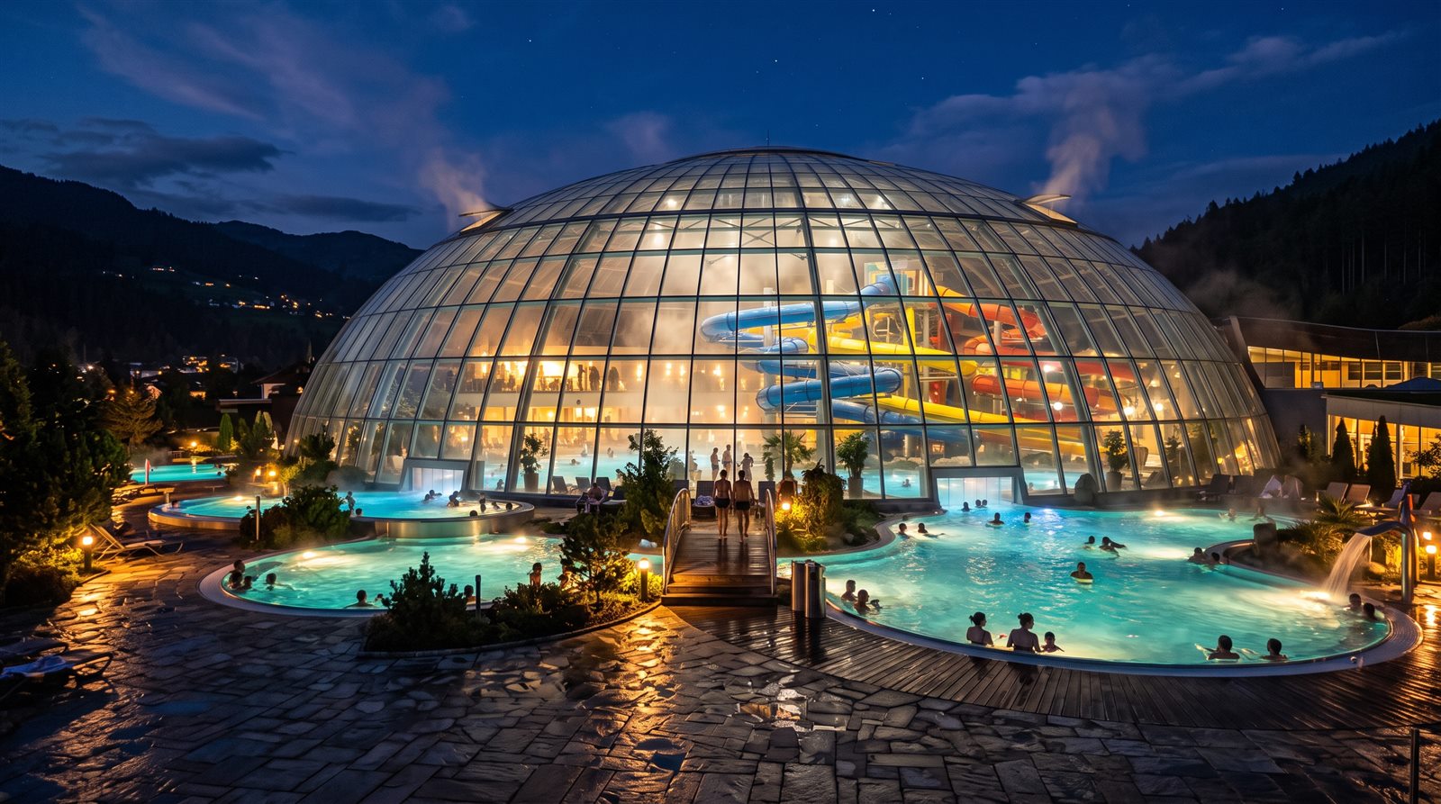 Akşam ışıklarıyla aydınlatılmış aqua park kaydırakları