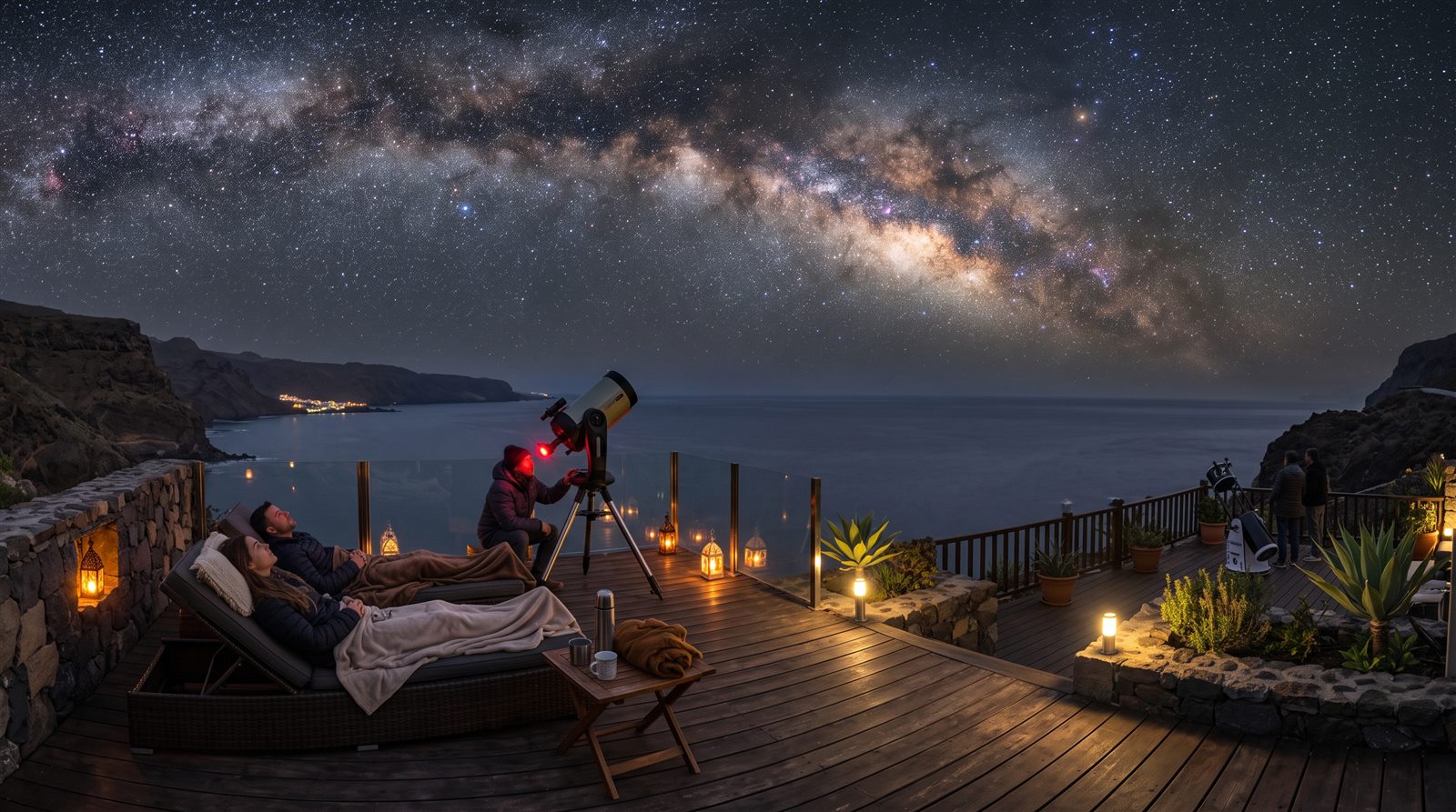 Gökyüzü gözlem terası — yıldızlı gece ve teleskop